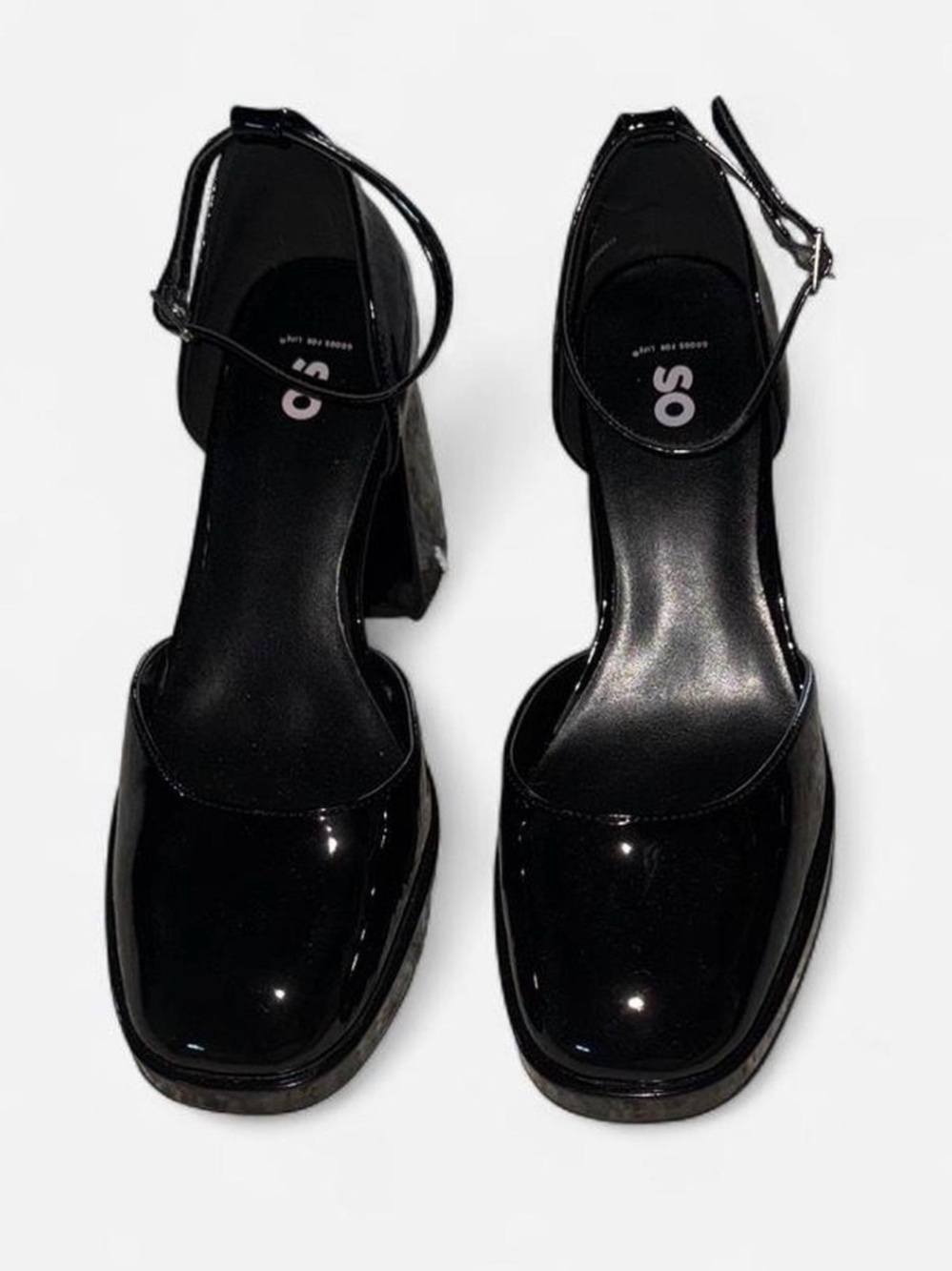 SO Black Patent Square-Toe Ankle-Strap Block Heels
